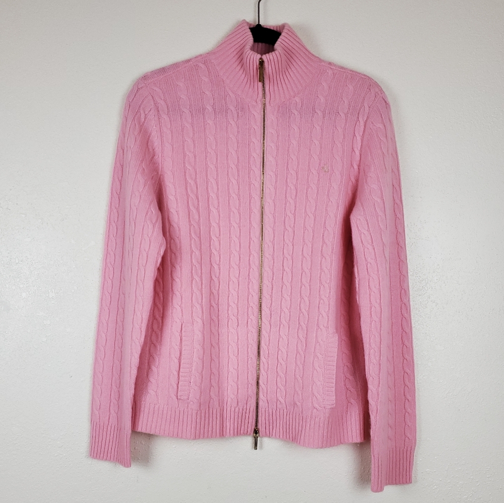 Lauren Ralph Lauren Cable Knit Zip Front Cashmere Sweater Size XL